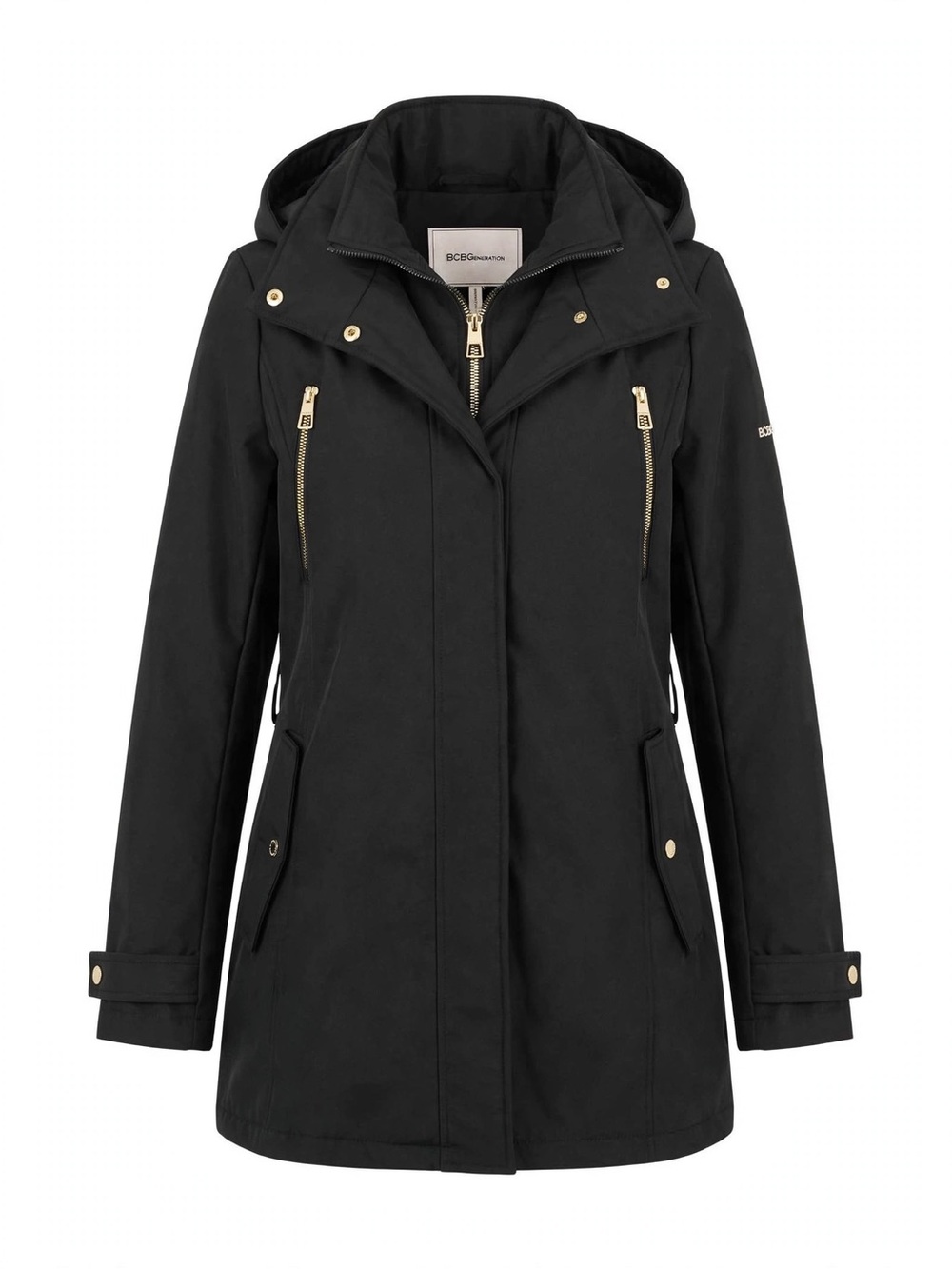 BCBGMaxAzria Black Hooded Trench Coat with Gold Hardware